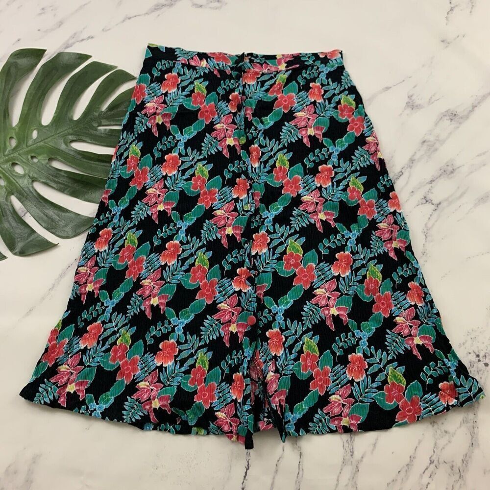 Sag Harbor Womens Vintage 90s Crinkle Midi Skirt Size L Pink Tropical Floral